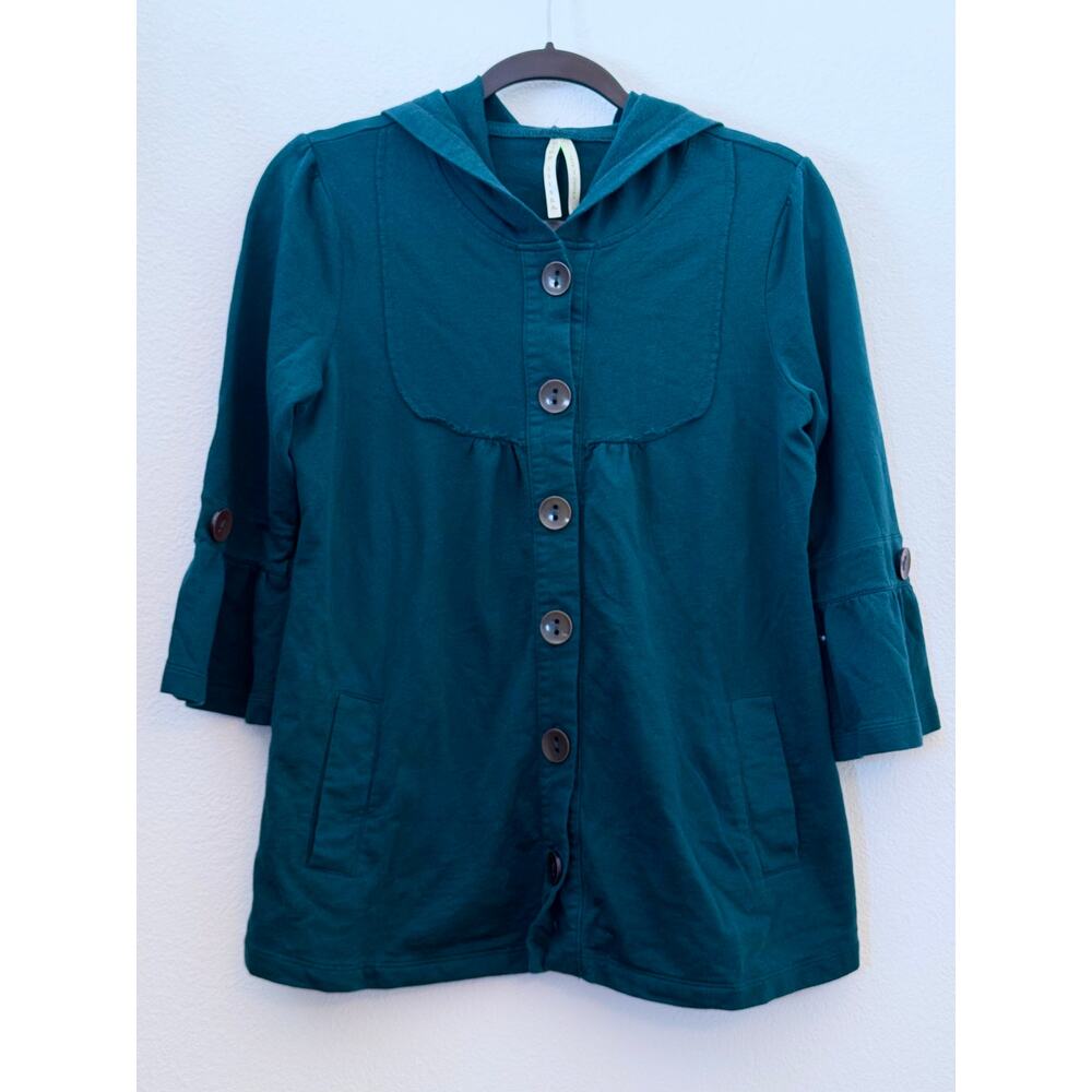 Y2K Style Cotton‎ Button Front Hoodie Cardigan High Sierra Green Teal Large